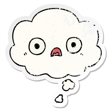 sevimli karikatür yüz ve sıkıntılı yıpranmış sticke olarak kabarcık düşünce