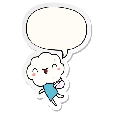 sevimli karikatür bulut kafa yaratık ve konuşma kabarcık etiket