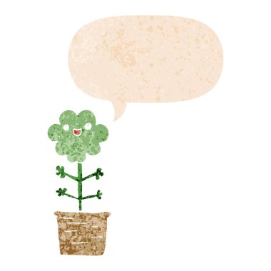 retro dokulu tarzda karikatür çiçek ve konuşma balonu