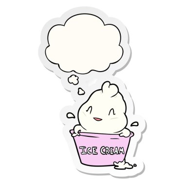 sevimli karikatür dondurma ve baskılı bir etiket olarak kabarcık düşünce