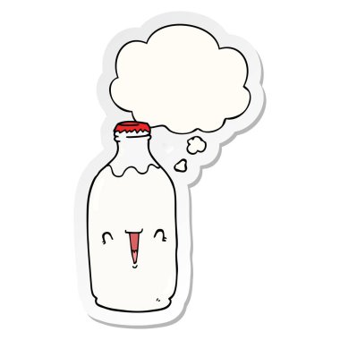 sevimli karikatür süt şişesi ve baskılı bir etiket olarak kabarcık düşünce