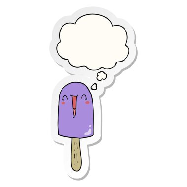 karikatür mutlu buz lolly ve basılı bir etiket olarak kabarcık düşünce