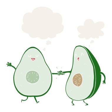 karikatür dans avokado ve retro tarzında düşünce balonu