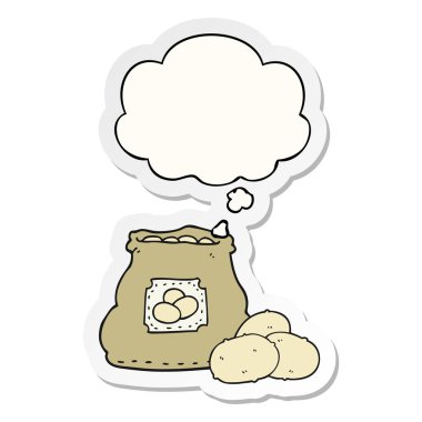 patates karikatür çanta ve baskılı bir etiket olarak kabarcık düşünce