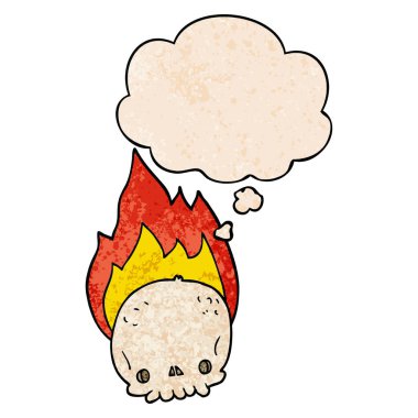 grunge textur ürkütücü karikatür yanan kafatası ve düşünce balonu