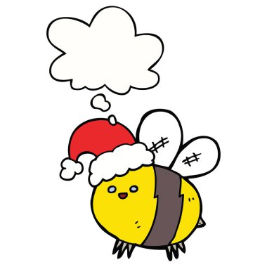 sevimli karikatür arı noel şapka ve düşünce balonu giyen