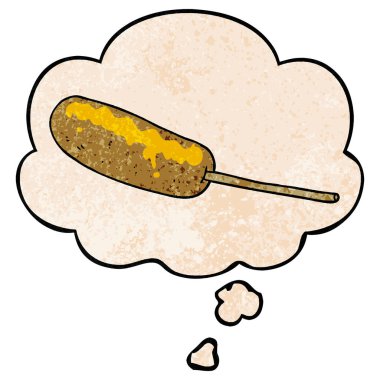 bir sopa üzerinde karikatür hotdog ve grunge doku p düşünce balonu