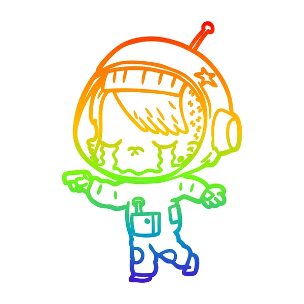 Arcobaleno gradiente linea disegno cartone animato piangendo astronauta ragazza — Vettoriale Stock