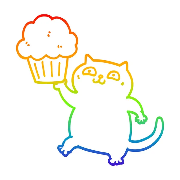 Rainbow gradient line drawing cartoon cat with cupcake — Stock Vector