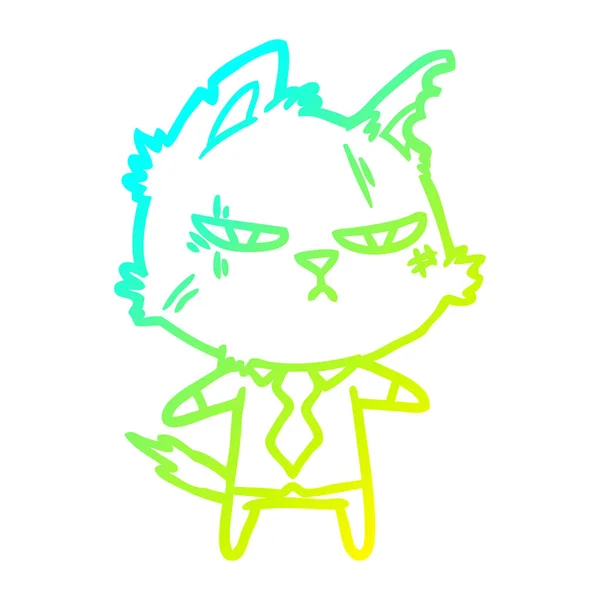 Línea de gradiente frío dibujo duro gato de dibujos animados en camisa y corbata — Vector de stock