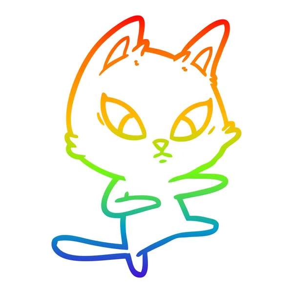 Rainbow gradient line drawing confused cartoon cat — Stock Vector