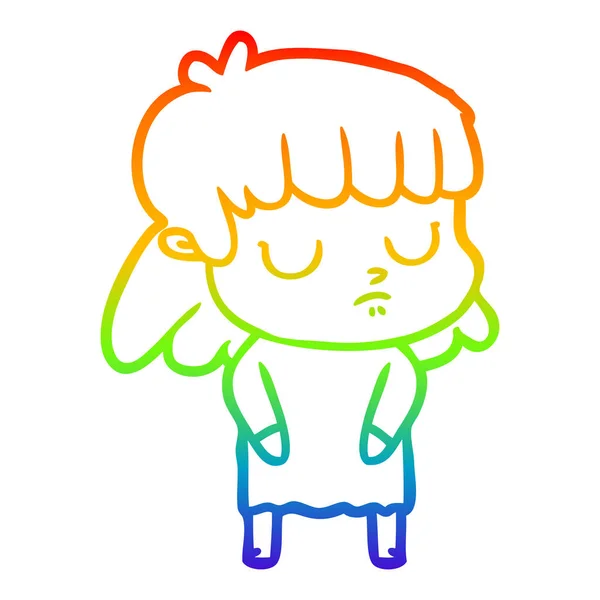 Rainbow gradient line drawing cartoon indifferent woman — Stock Vector