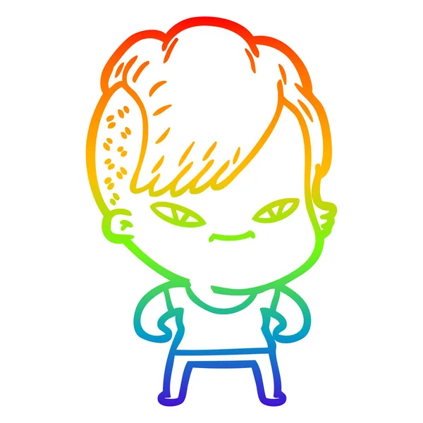 Regenboog gradiënt lijntekening schattig cartoon meisje met hipster Hai — Stockvector