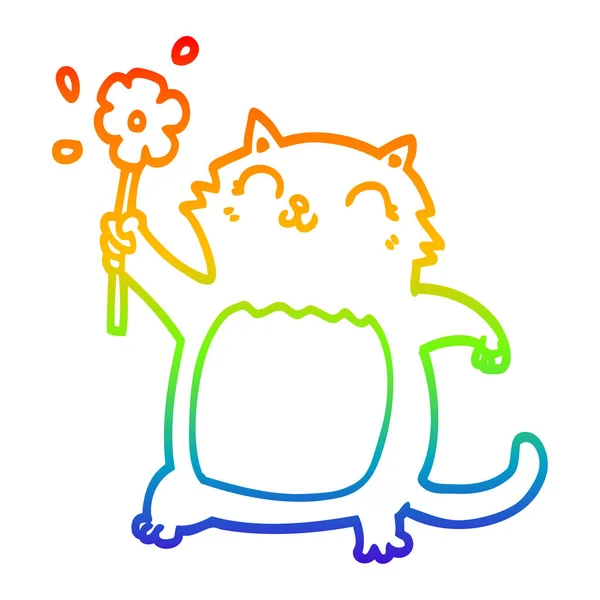 Rainbow gradient line drawing cartoon cat with flower — Stock Vector