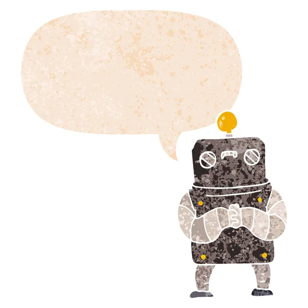 Robot de dibujos animados y burbuja del habla en estilo retro texturizado — Vector de stock