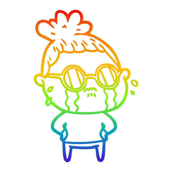 Regenboog gradiënt lijntekening cartoon huilen vrouw dragen sungl — Stockvector