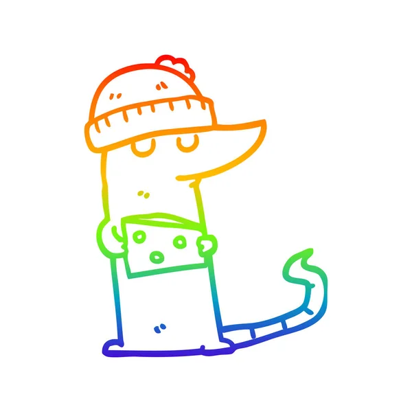 Arco iris gradiente línea dibujo dibujos animados ratón ladrón con queso — Archivo Imágenes Vectoriales