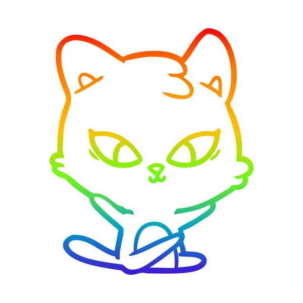 Rainbow gradient linje ritning söt tecknad katt — Stock vektor