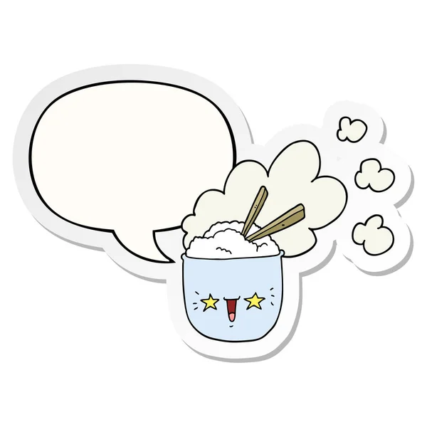 Sevimli karikatür sıcak pirinç kase ve konuşma kabarcık etiket — Stok Vektör