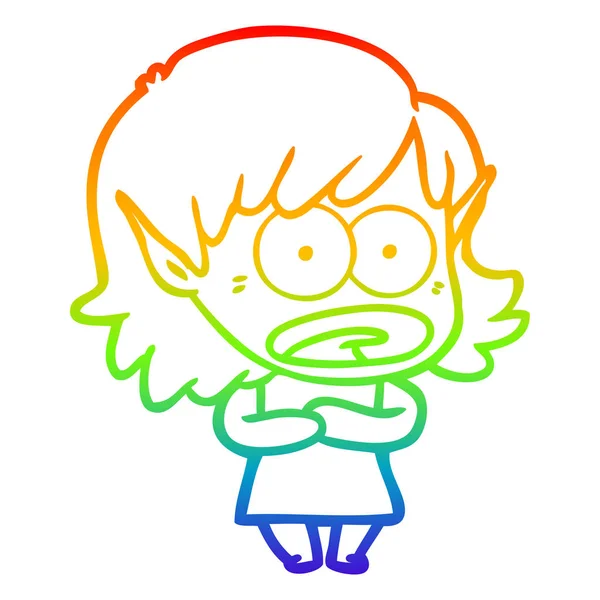 Regenboog gradiënt lijntekening cartoon geschokt elf meisje — Stockvector
