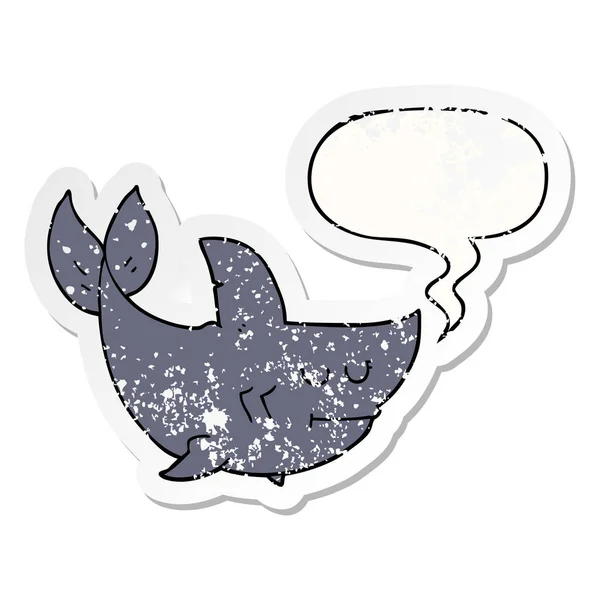 Karikaturenhai und Sprechblase verstörten Aufkleber — Stockvektor