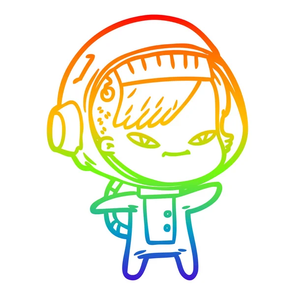 Arco iris gradiente línea dibujo dibujos animados astronauta mujer — Vector de stock