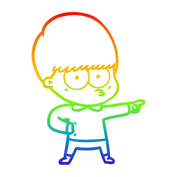 Linea gradiente arcobaleno disegno nervoso ragazzo dei cartoni animati che punta — Vettoriale Stock