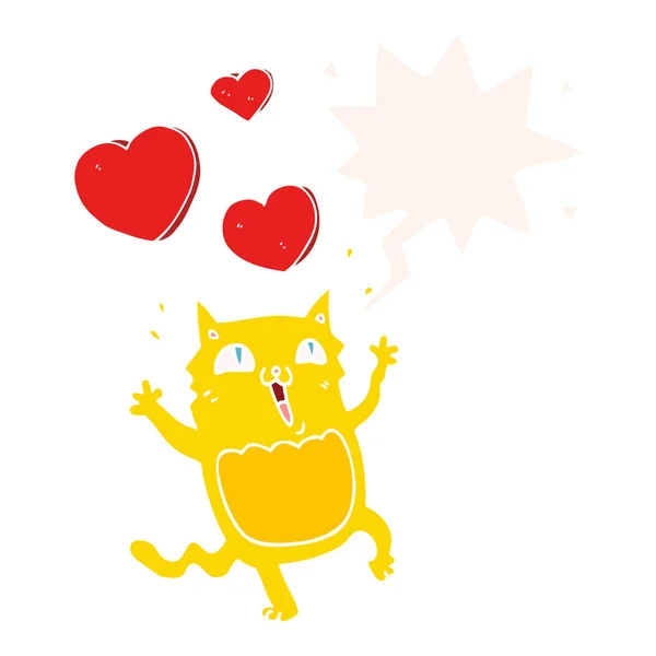 Cartoon kat gek in liefde en toespraak bubble in retro stijl — Stockvector