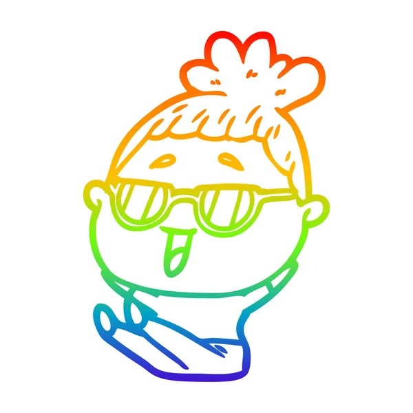 Regenboog gradiënt lijntekening cartoon gelukkige vrouw dragen omhoog — Stockvector