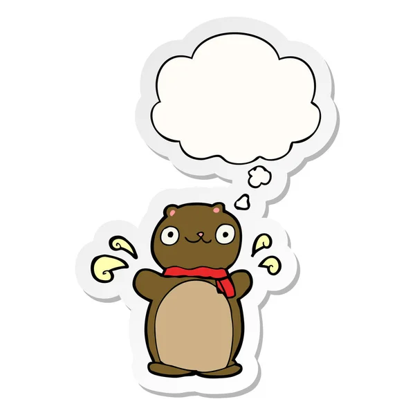 Cartoon glücklicher Teddybär und Gedankenblase als Aufkleber — Stockvektor