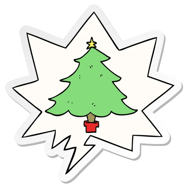 Árbol de Navidad de dibujos animados y pegatina de burbuja de habla — Vector de stock