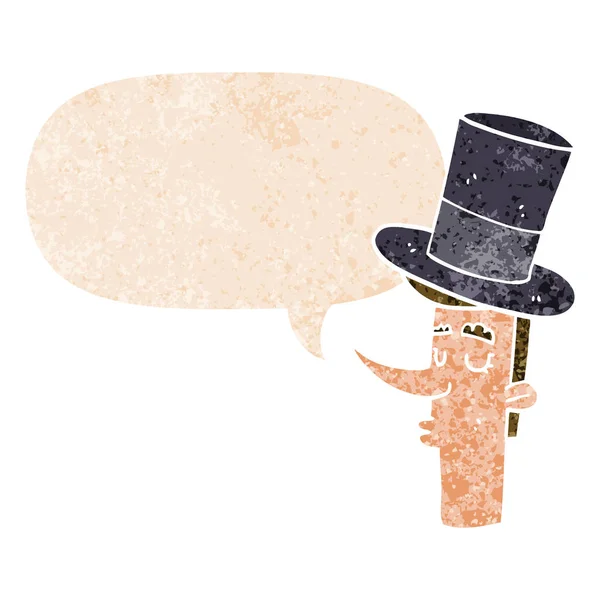 Homem dos desenhos animados usando chapéu superior e bolha de fala em retro texturizado — Vetor de Stock
