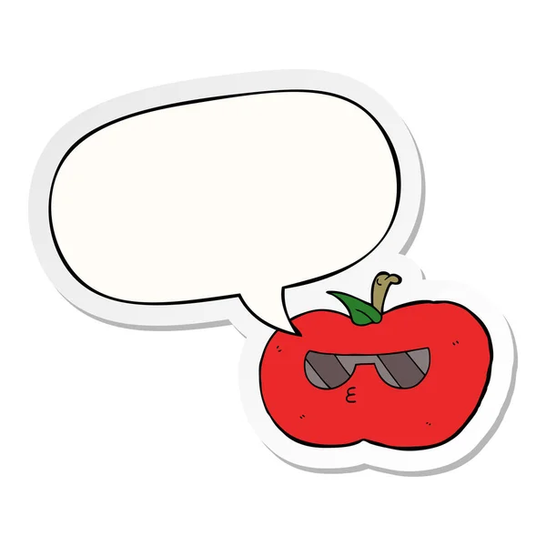 Cartoon cooler Apfel und Sprechblasenaufkleber — Stockvektor