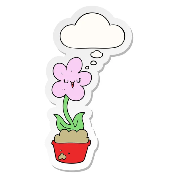 Fleur de dessin animé mignon et bulle de pensée comme un autocollant imprimé — Image vectorielle