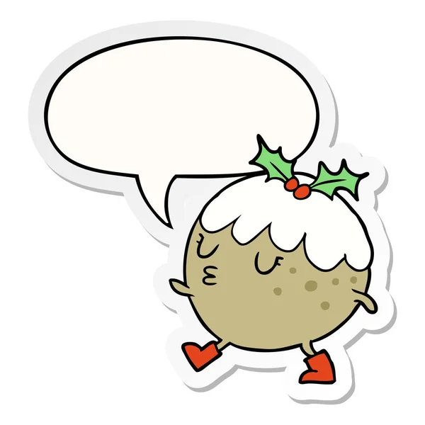 Cartoon Christmas Pudding Walking und Sprechblasenaufkleber — Stockvektor