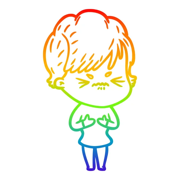 Regenboog gradiënt lijntekening cartoon gefrustreerd vrouw — Stockvector