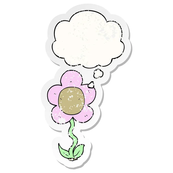 Fleur de dessin animé et bulle de pensée comme un autocollant usé en détresse — Image vectorielle