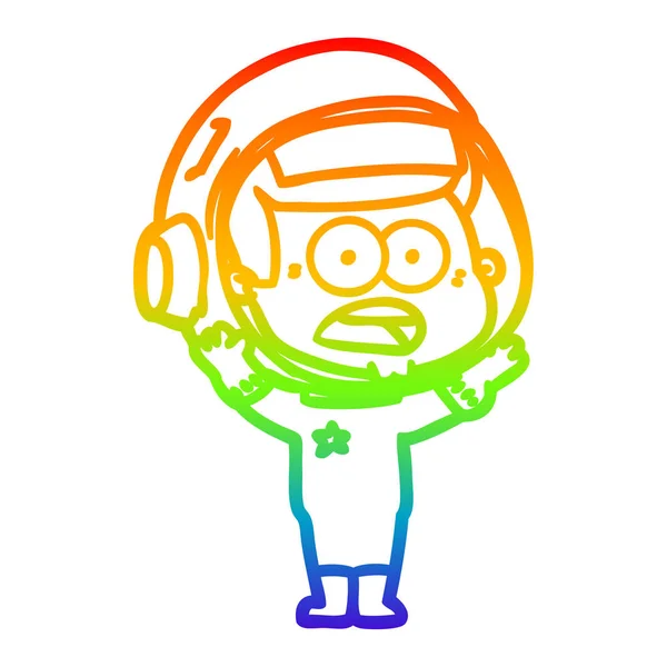 Línea de gradiente arco iris dibujo dibujos animados astronauta sorprendido — Vector de stock