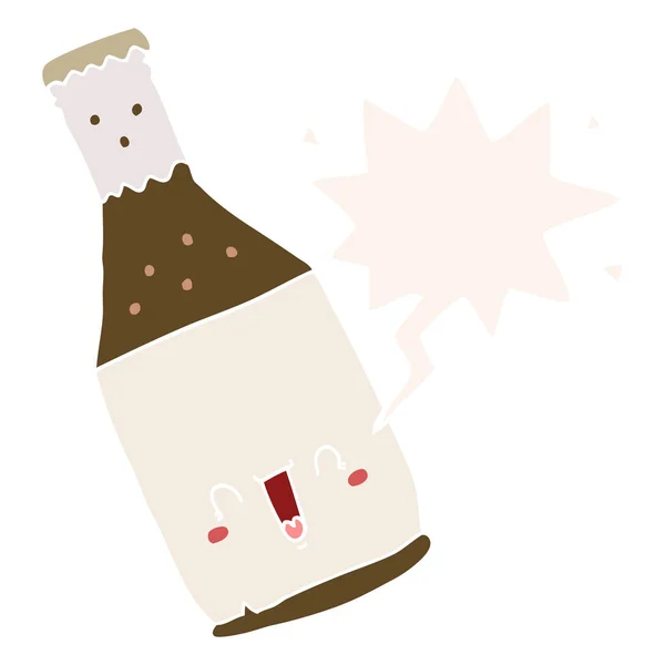 Kreslená pivní láhev a řečová bublina v retro stylu — Stockový vektor