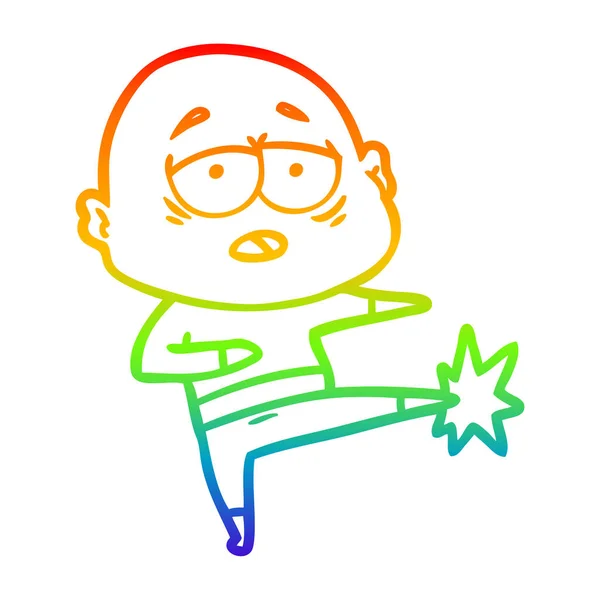 Rainbow gradien line drawing cartoon tired bald man - Stok Vektor