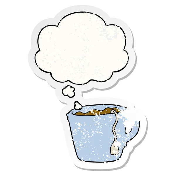 Acı yıpranmış s olarak çay karikatür sıcak fincan ve düşünce balonu — Stok Vektör