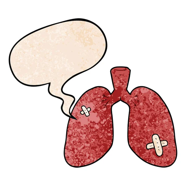 Cartoon repaired lungs and speech bubble in retro texture style — Stock Vector