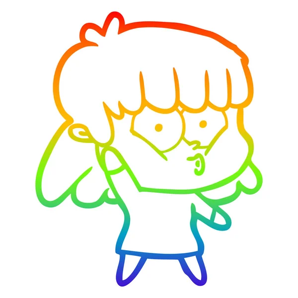 Rainbow gradient line drawing cartoon whistling girl — Stock Vector
