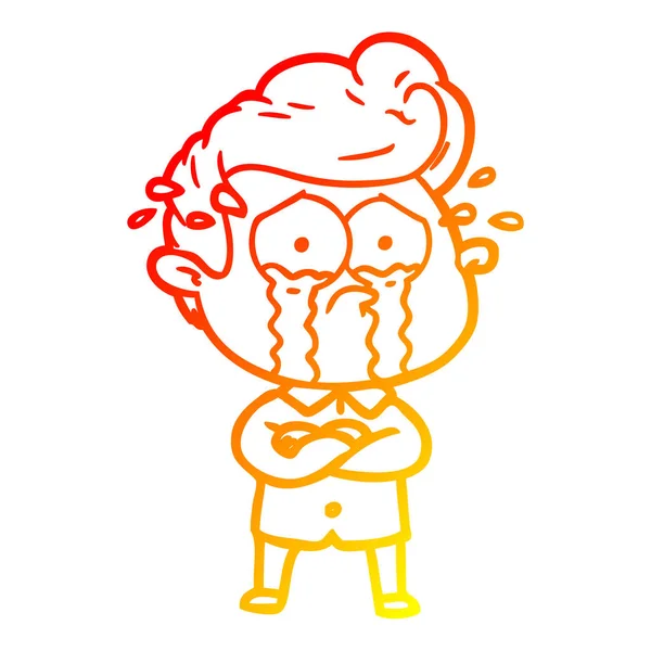Warme Gradientenlinie Zeichnung Karikatur weinender Mann mit verschränkten Armen — Stockvektor