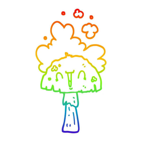 Rainbow gradient ligne dessin champignon dessin animé avec nuage de spoor — Image vectorielle