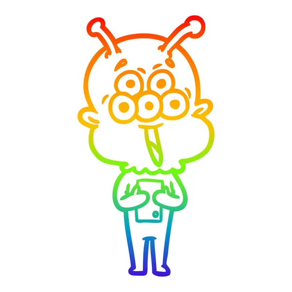 Regenboog gradiënt lijntekening gelukkig cartoon Alien — Stockvector