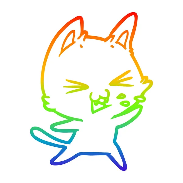 Rainbow gradient line drawing cartoon cat hissing — Stock Vector