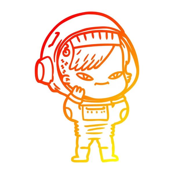 Warme kleurovergang lijntekening cartoon astronaut vrouw — Stockvector