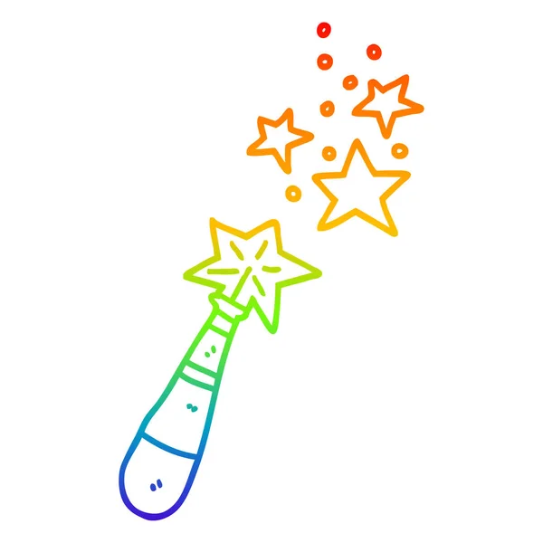 Rainbow gradient line drawing cartoon magic wand — Stock Vector