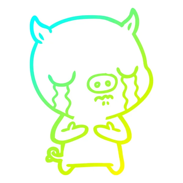 Froid dégradé ligne dessin dessin dessin animé cochon pleurer — Image vectorielle
